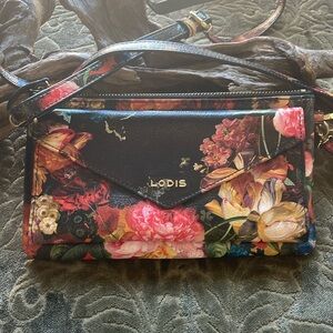 LODIS  Floral Crossbody Leather Wallet with Removable Shoulder Strap & Wristlet